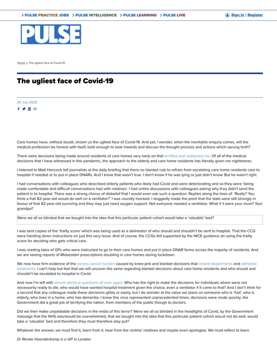 11 Then I wrote a piece about the decisions that were taken to not escalate care home patients to hospital for treatment when they had Covid, and other non covid but treatable issues.