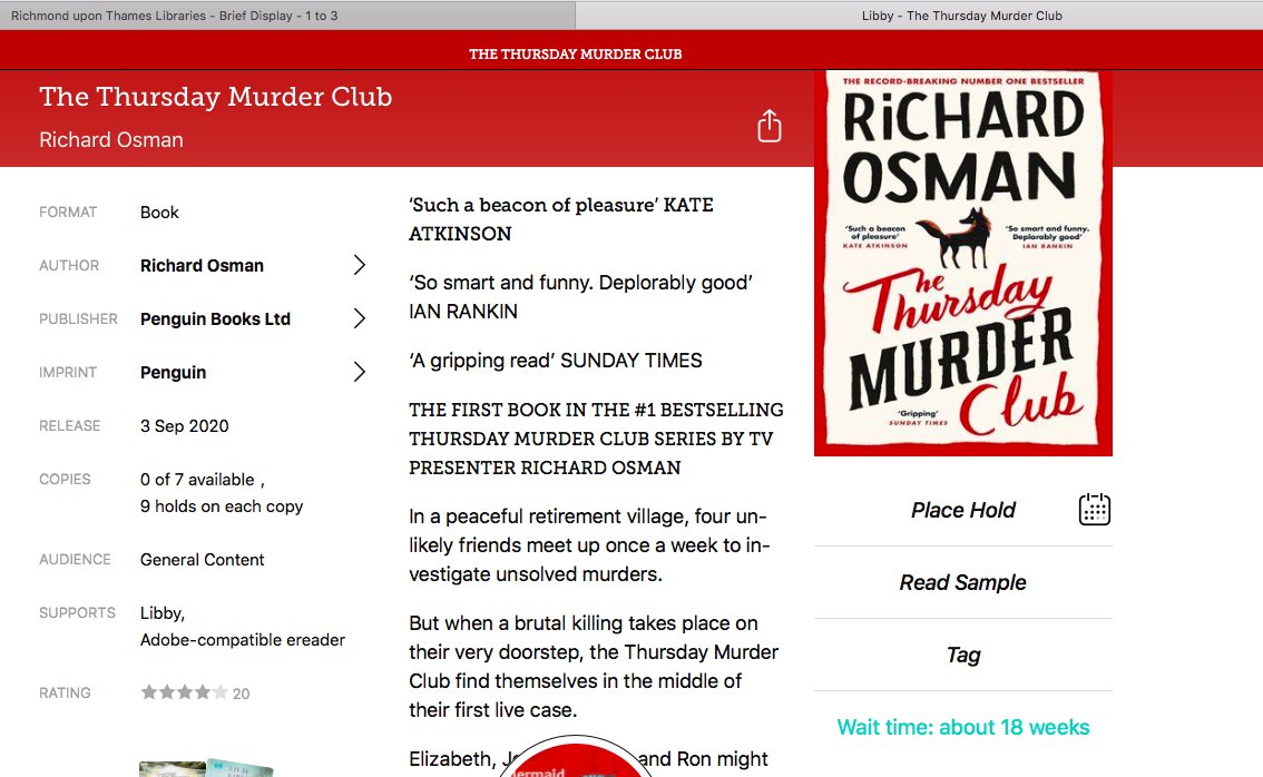 Wait time 18 weeks?!  #thethursdaymurderclub congrats to <a href="/richardosman/">Richard Osman</a>