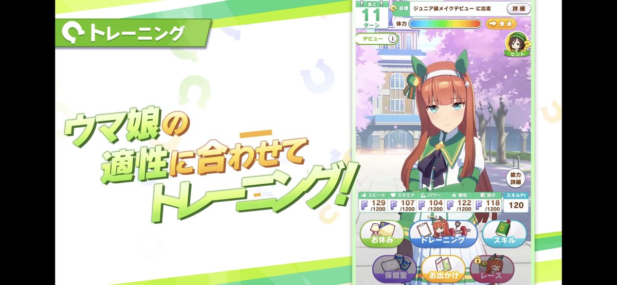 ミリオン土屋 ウマ娘トレーナー 検証 重要そうな基本画面 体力はトレーニングやレースで減少 その右には調子の矢印 目標はミッション系かな 左上にはその達成期限らしきものも パラメータは5種 上限は1 0ですが上限突破もあるかな スキル