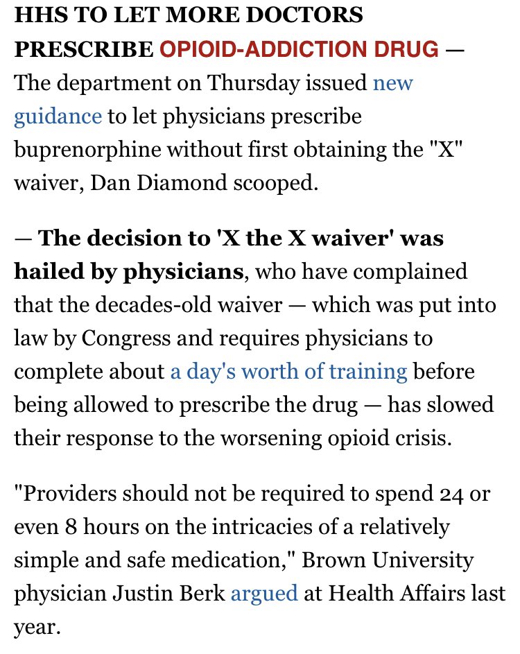Previously unreported backstory here: SAMHSA leader Elinore McCance-Katz had warned against weakening X waiver, worried about overprescribing.But she resigned in protest of Capitol riots, clearing way for HHS to install acting SAMHSA head and issue last-minute guidance.