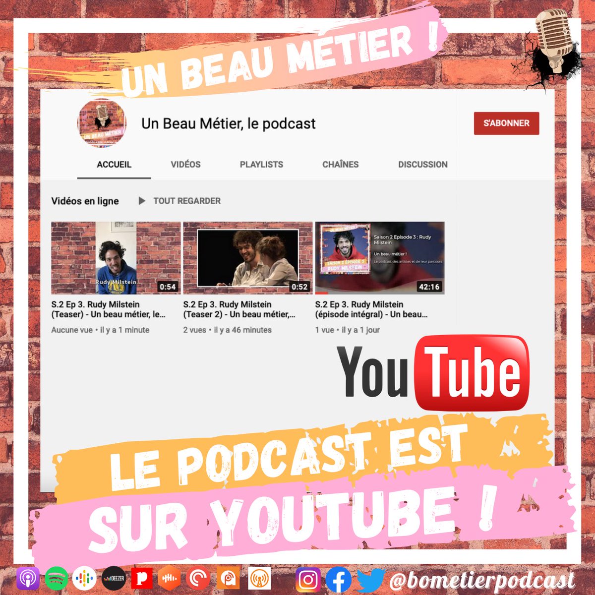 bometierpodcast's tweet photo. Bonne nouvelle : Le podcast est sur #youtube . Dès épisodes, des teasers vidéos, des coulisses vidéos des enregistrements et même des lives ! Alors on s’y retrouve ? Abonne-toi 🔔! Merci ♥️
#suscribe #abonnetoi #podcastfr #podcastfrance #podcast #art #artist #confidence #micro https://t.co/yylEDBFMQv
