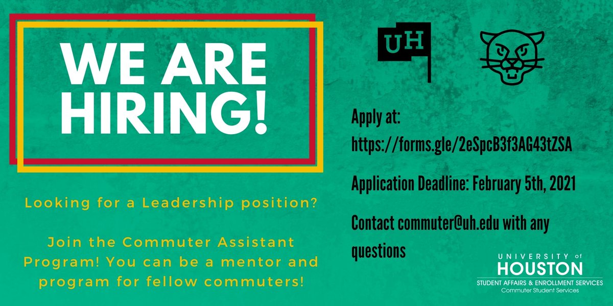 UHCommuterServ's tweet photo. Apply today! Join our Commuter Assistant program and make an impact on fellow Coogs! 
Deadline: Feb 5th
#studentleadership #mentor #uh #universityofhouston #hiring #commuter #student https://t.co/TF1VcUOvKZ