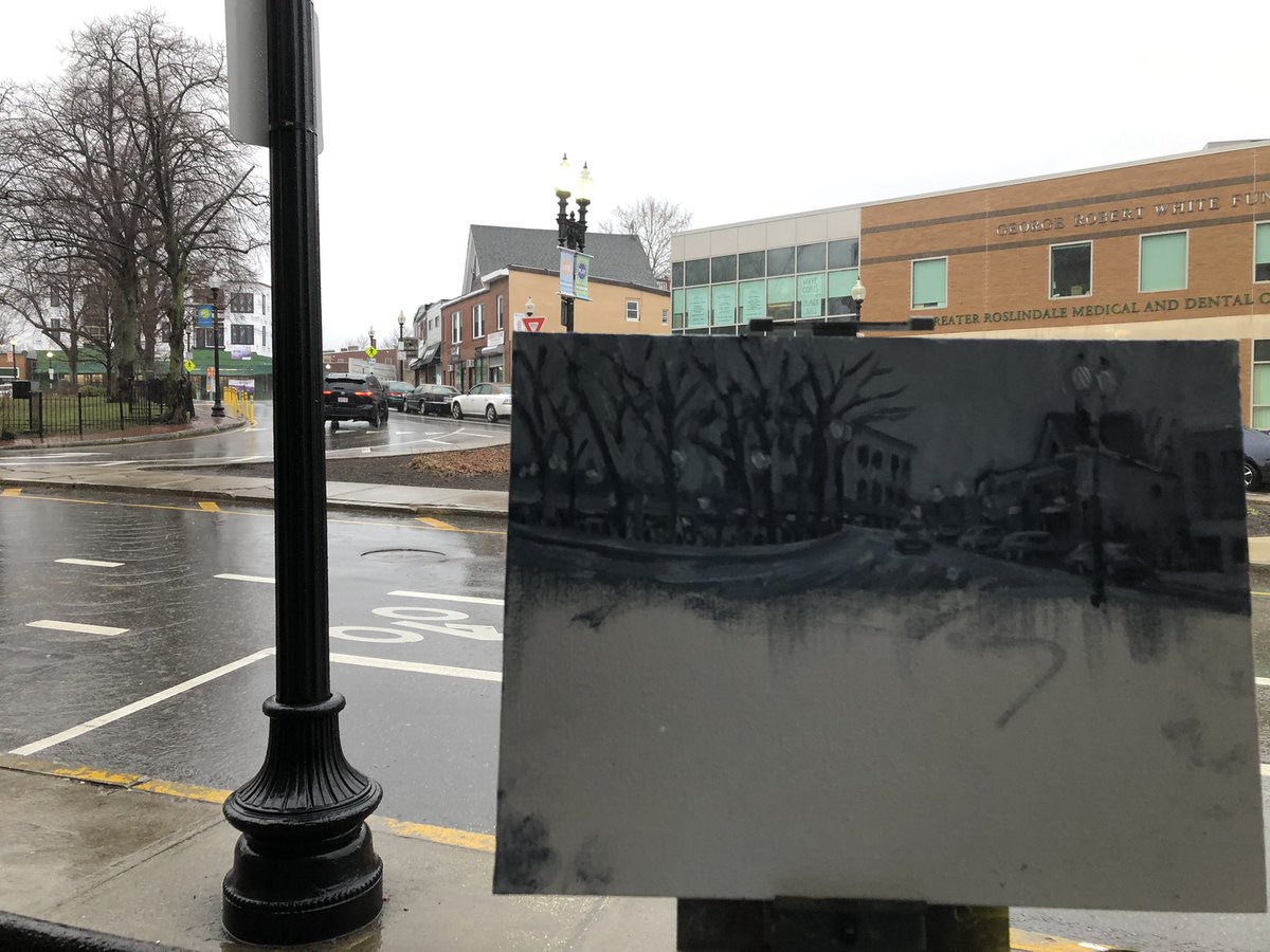 graywendipaint1's tweet photo. I hung out at bobs pita to hide from the rain and painted the ever changing square . #onebrush challenge. Thick bristled Egbert. Another tough brush . 5x16 #oilpainting #pleinair #boston #roslindale #enpleinair #painting #allaprima #pleinairmag #boldbrush #paintlocal https://t.co/9p7uYNhsua