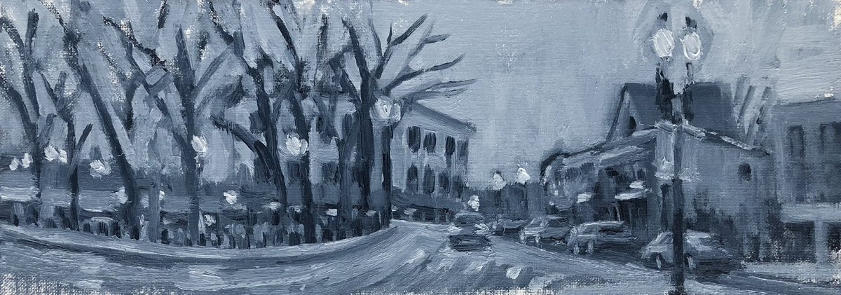 graywendipaint1's tweet photo. I hung out at bobs pita to hide from the rain and painted the ever changing square . #onebrush challenge. Thick bristled Egbert. Another tough brush . 5x16 #oilpainting #pleinair #boston #roslindale #enpleinair #painting #allaprima #pleinairmag #boldbrush #paintlocal https://t.co/9p7uYNhsua