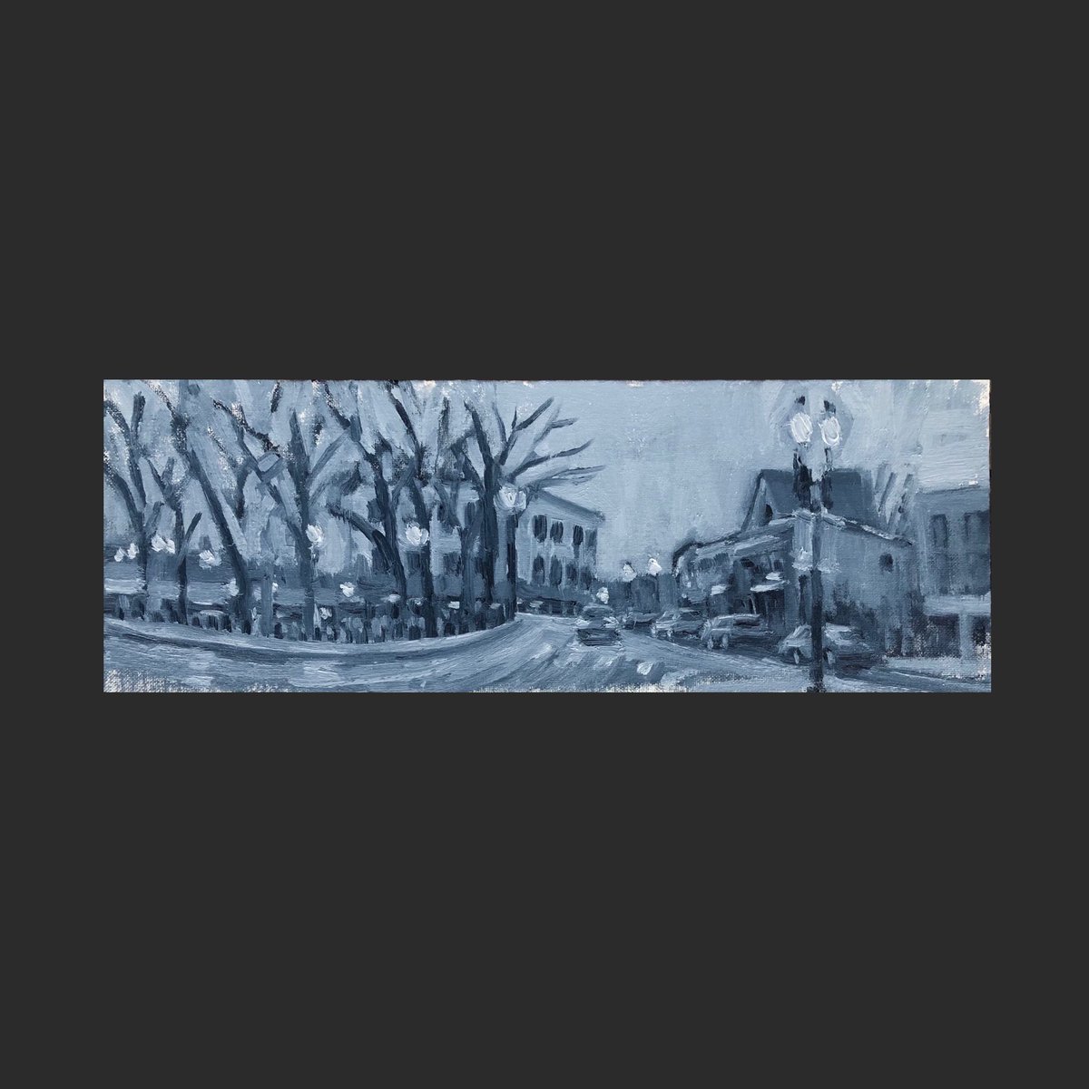 graywendipaint1's tweet photo. I hung out at bobs pita to hide from the rain and painted the ever changing square . #onebrush challenge. Thick bristled Egbert. Another tough brush . 5x16 #oilpainting #pleinair #boston #roslindale #enpleinair #painting #allaprima #pleinairmag #boldbrush #paintlocal https://t.co/9p7uYNhsua