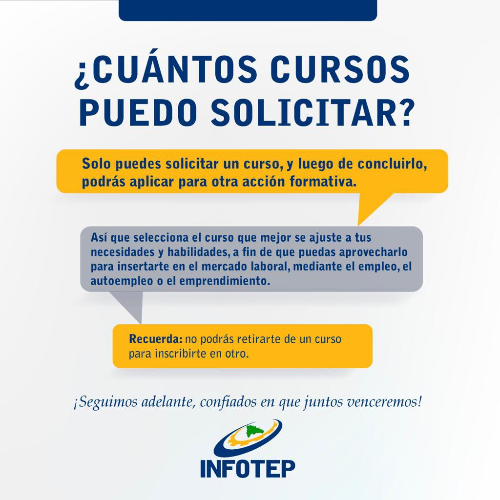 InfotepRD's tweet photo. 📝 Solo puedes solicitar un curso, y luego de concluirlo, podrás aplicar para otra acción formativa.

#InfotepVirtual
#CursosINFOTEP
#ApoyoProductividad
#CapacitarEsProgresar https://t.co/y63jiFuhwR
