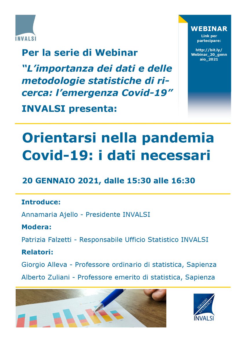 Orientarsi nella pandemia Covid-19: i dati necessari
#Giorgio_Alleva e #Alberto_Zuliani
Serie #Webimar_Invalsi su “L’importanza dei dati e delle metodologie statistiche di ricerca: l’emergenza Covid-19”
Introduce Anna Maria Aiello, modera Patrizia Falzetti.
20gennaio, 15.30-16.30