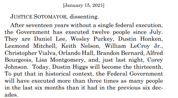 "More than THREE TIMES as many people in the last SIX MONTHS than it had in the previous SIX DECADES" - Justice Sotomayor #AbolishTheDeathPenalty  #Higgs  @helenprejean