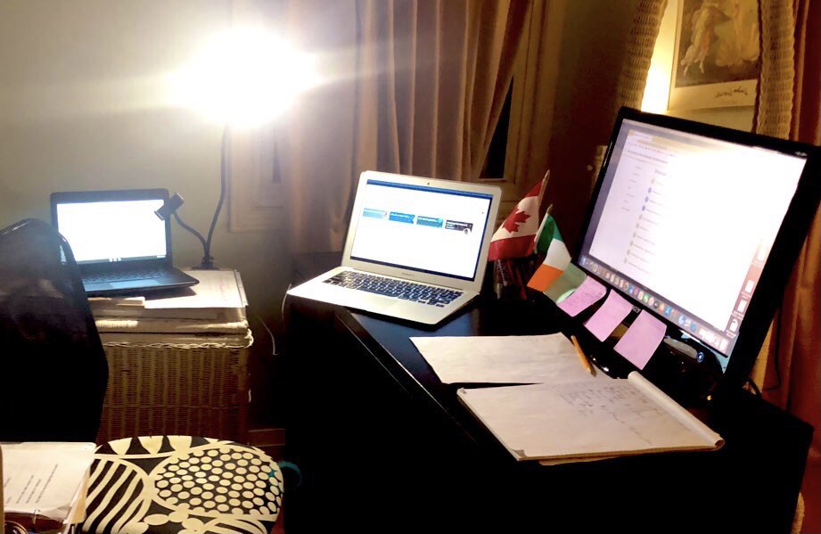 DowlingFDK's tweet photo. My virtual classroom setup includes an old monitor to extend the laptop screen, so I can see all of the 28 students while screen-sharing. This allows for as much human contact as possible! I can see expressions# on their faces!#onlineteaching #virtualclassroom #homeoffice https://t.co/23yMKgl0z8