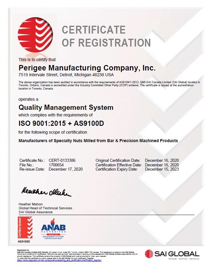 PerigeeMfg's tweet photo. We are proud to announce that Perigee Manufacturing has been awarded certification to the AS9100D QMS for aerospace industry. Perigee Manufacturing is also ITAR registered, ISO 9001:2015 certified &amp; QSLM Class 2 / 3 approved for fastener manufacturing. #as9100d #fasteners https://t.co/9ClIGUkHAl