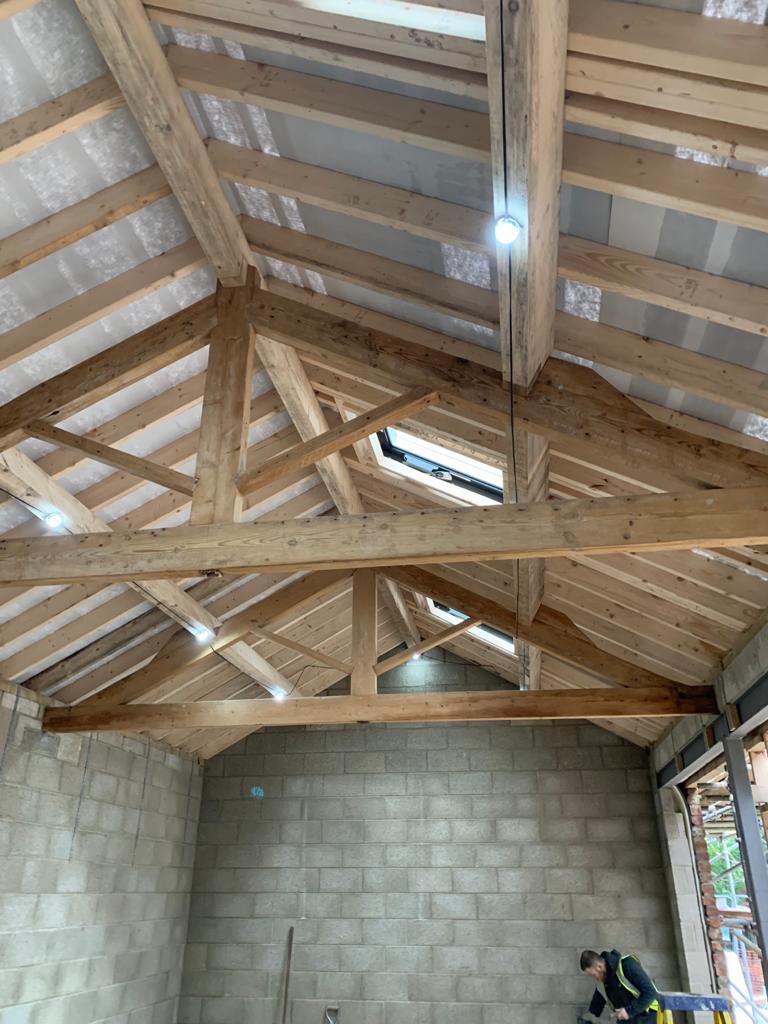 Work is progressing well at our stable block conversion and restoration in Great Ouseburn, nr Boroughbridge. The original roof trusses have been restored and are now in place, the trays for the solar panels have been installed and the roof felted ready for the tiling to begin.