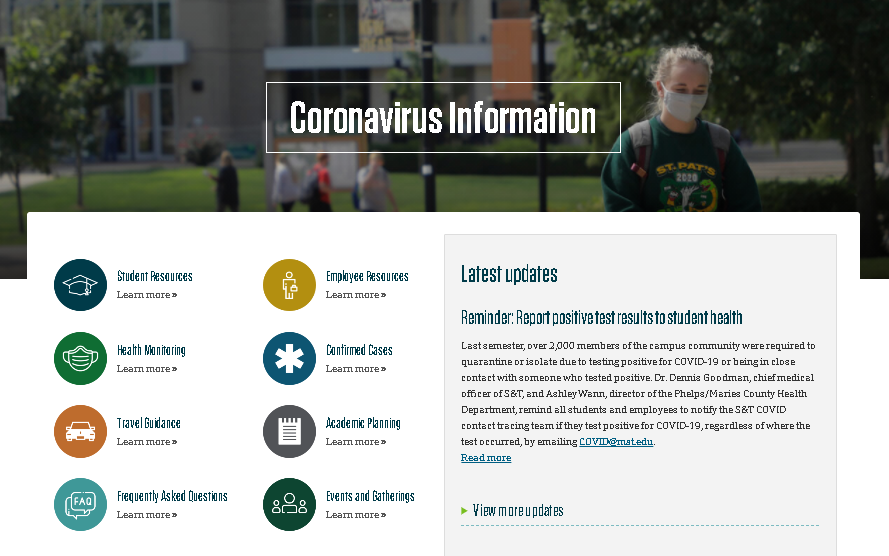 MissouriSandT's tweet photo. As we prepare for the spring semester, we're updating our COVID-19 website with the latest information on the return to campus, vaccine rollout, contact tracing and more. It's all designed to help ensure we have a safe and successful Spring 2021 semester. https://t.co/acVEiebIRf https://t.co/sSjZ42Syce