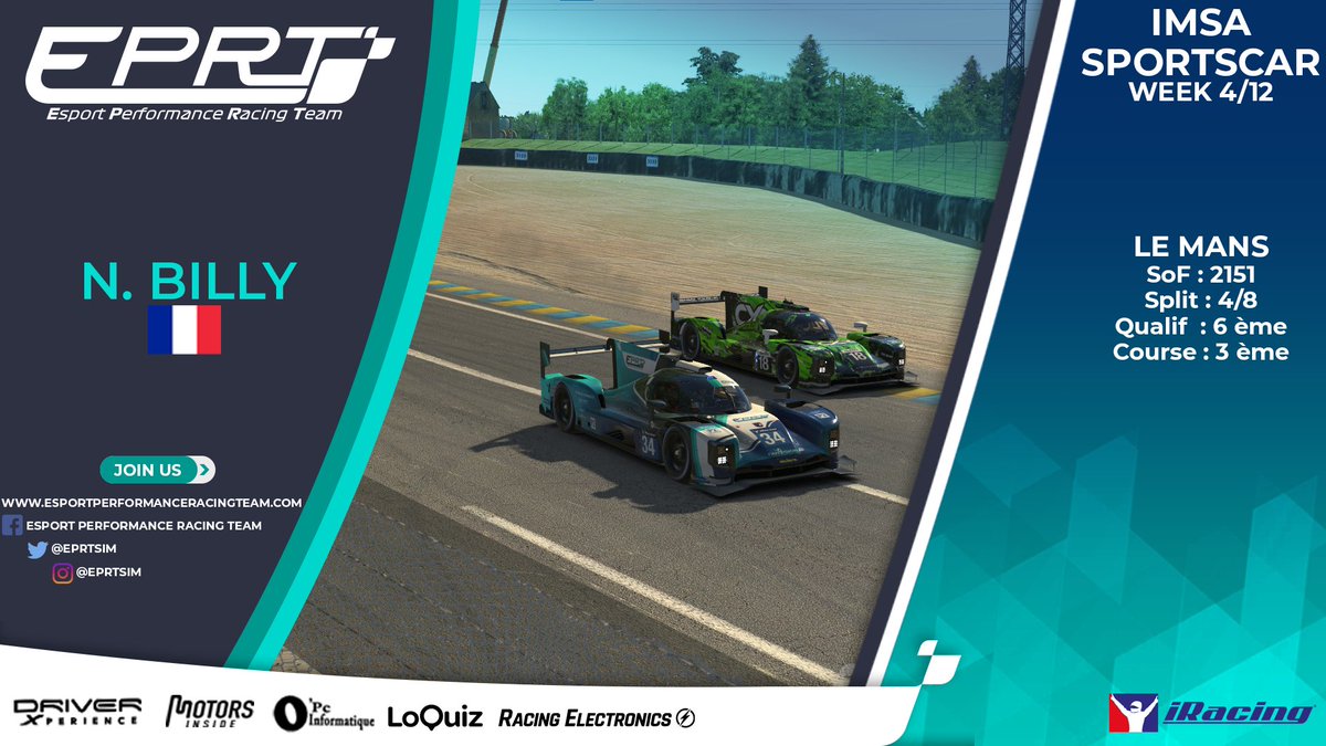EPRTsim's tweet image. 🏎️ IMSA SPORTSCAR @iRacing 🏎️

👨‍🦱 Nicolas Billy
♣️ SOF : 2151
📍 Le Mans
🚩 Q6
🏁 P3

3 places de gagnés pour Nicolas, nous ne pouvions pas espérer mieux qu'un podium en France pour le retour de Billy sur les circuits !

#EPRTGO #SIMRACING #IMSA #LEMANS