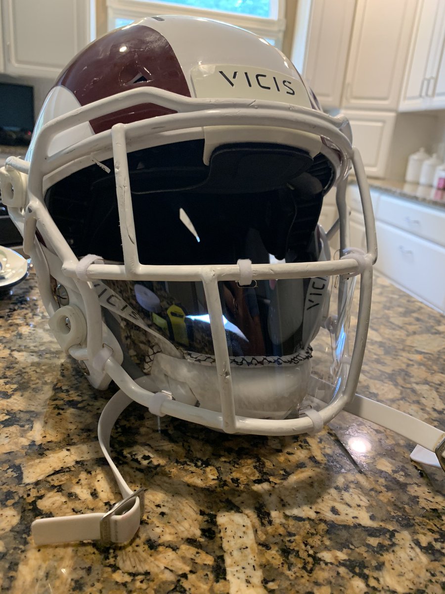 GrantSPurdy1's tweet photo. @chrisvIQtory @THEcoachB84 @coachcoltharp Glad to explain! They are polycarbonate shields I have laser cut to fit our VICIS helmets and Ridell helmets for some other schools that wanted to use them. https://t.co/H1XNdoZFN7