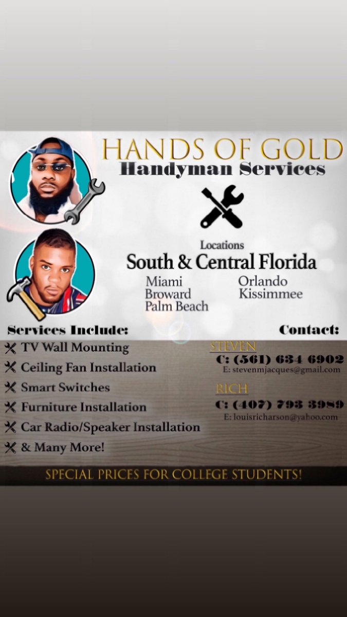 CG__Steven's tweet image. I am now in South FL for a while, if you need anything hit up @why_not_rich if you’re in Central FL.... I travel but ask him first. South FL I’m BACK!! #HandsofGold #Handyman