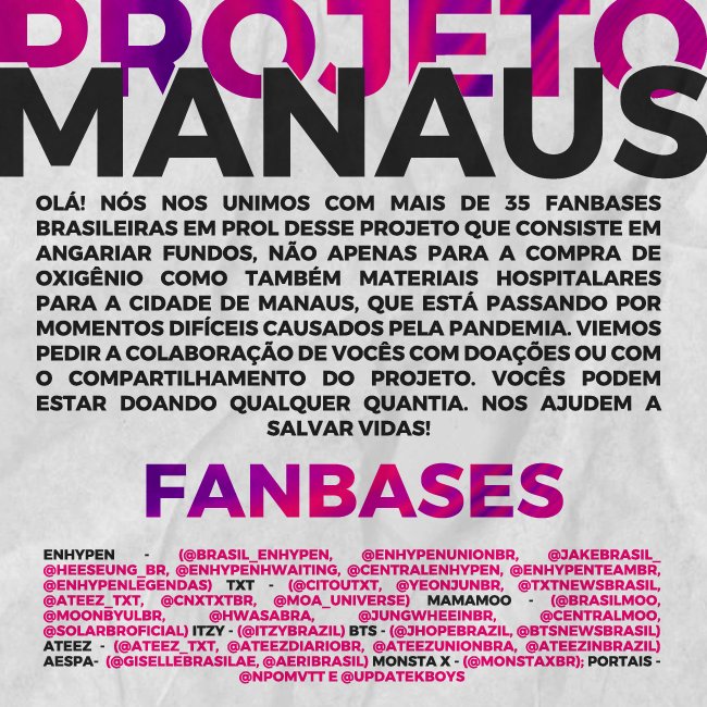 monstaxbr's tweet image. OXIGÊNIO PARA MANAUS

Manaus precisa da nossa ajuda e por isso criamos o Projeto Manaus em parceria com fanbases de vários grupos e portais. Lembrando que qualquer quantia será bem vinda.

Segue abaixo o link da vakinha e outros meios para doação: