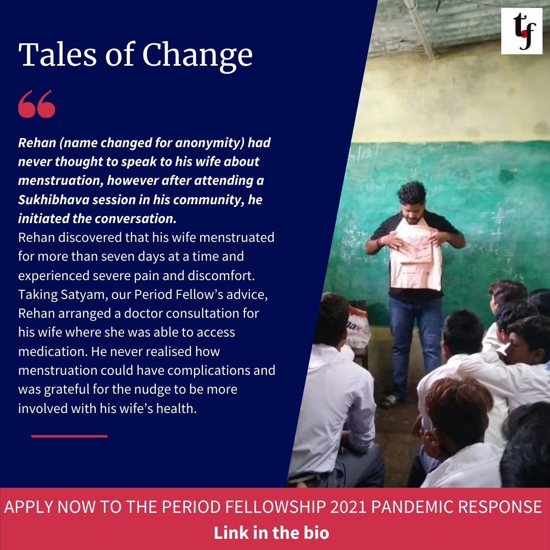 Brining you stories of impact that has been created in this movement to make menstruation a non-issue! 💪🏽
APPLY NOW to the Period Fellowship - Pandemic Response, an immersive leadership journe 
Learn more about how you can make an impact and apply via sukhibhava.org.in/the-period-fel… ✨