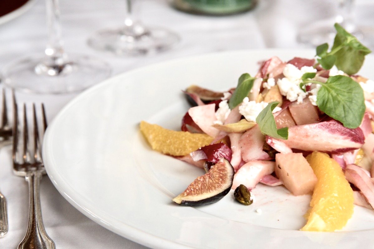 Insalata di Endivia. Endive salad, black mission figs, candied beets, oranges, caramelized pistachios, goat cheese, cherry wine vinaigrette. #itsaspecial