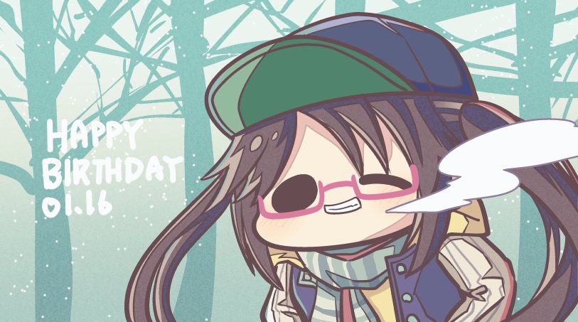 1girl hat solo scarf glasses happy birthday twintails  illustration images