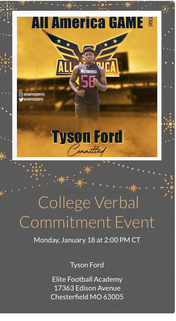 I will be Committing on Monday at 2pm at Elite Football Academy. For anyone who would like to come by but didn’t receive an invitation, there will be a drive-by outside. Any other media who would like to be present please DM me and I will reach out.
#IAmCommited