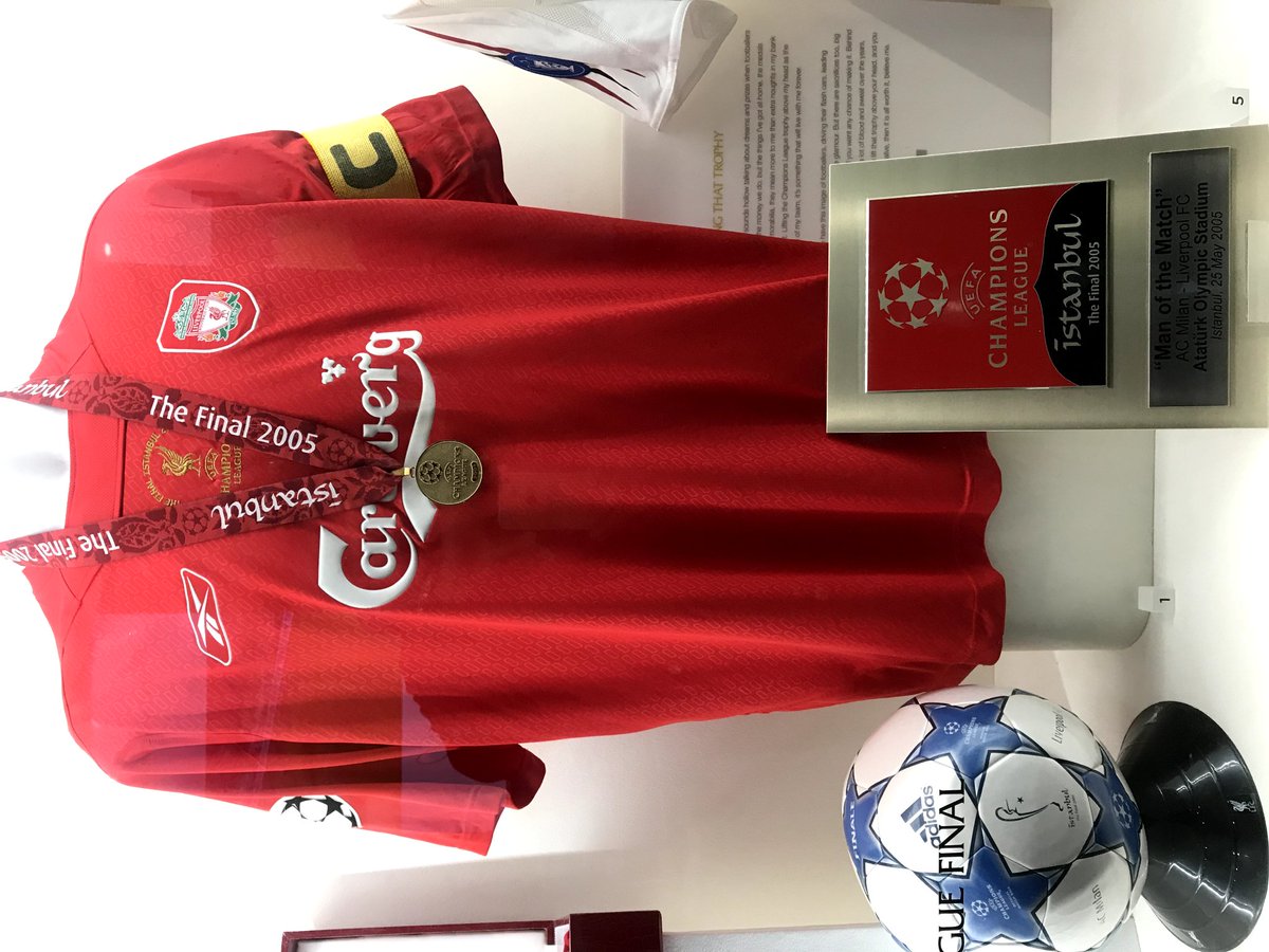 Stevie G's 2005 CL winning shirt and medal on display inside Anfield.