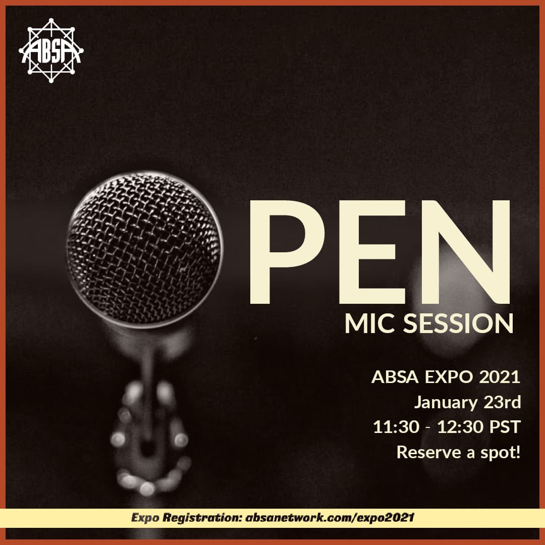AbsaNetwork's tweet image. We have an Open Mic session in the ABSA Expo! Whether you are a student or representing your organization, you can reserve a spot in our open mic! You can introduce yourself, your organuzation, recite, or tell us a story!