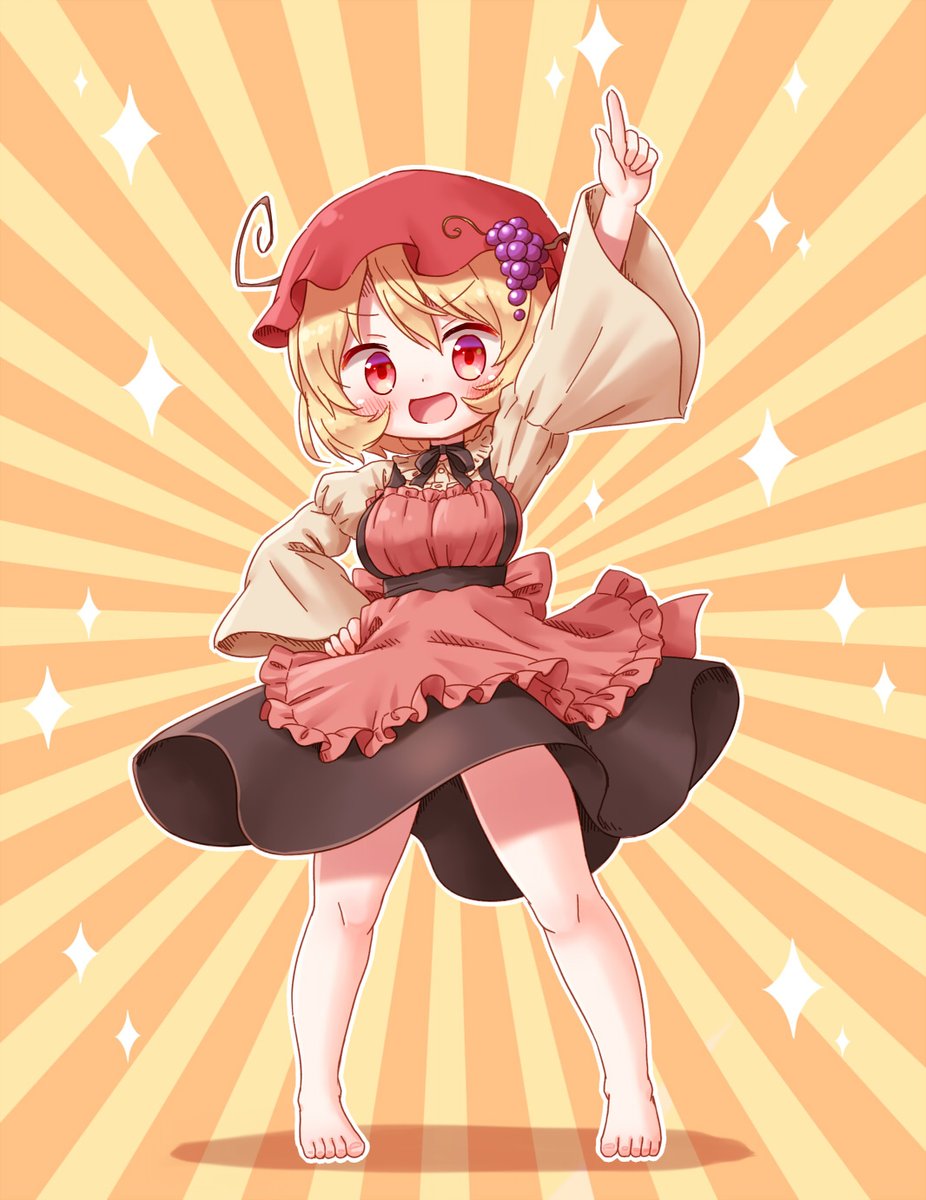 aki minoriko 1girl solo blonde hair barefoot hat red eyes apron  illustration images