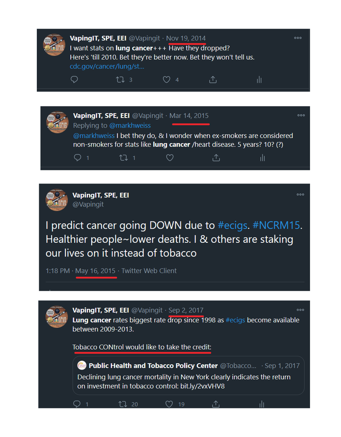 Vapingit's tweet photo. Clearly having #correlationvirus, one must include vaping products having a role in the reduction in lung cancer along with the steady declines of smoking rates across the board.
That's how correlation works, right? https://t.co/A7tJefzgFG
