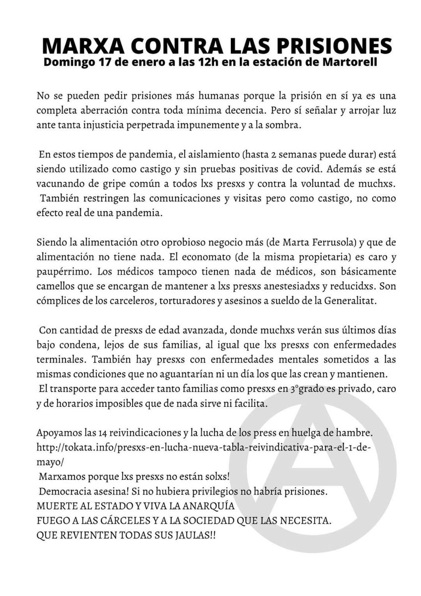 Mañana domingo a las 12h,Marcha a Brians contra las cárceles,salida desde l estación d Martorell
En apoyo a lxs presxs en lucha y en solidaridad con la HHR
Visibilcemos el recorrido q hacen lxs presxs en 3°grado caminando hasta Brians
X un transporte público digno para lxs presxs