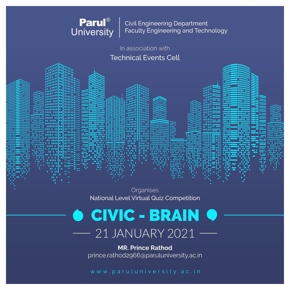 PrinceR57732340's tweet photo. The last date of the registration is 20/01/2021, 5pm.
Kindly use the following Link for Registration:
https://t.co/xiLhOyWSOB
All other detailed information is available in this google form.
For more details contact:

Mr. Prince Rathod
Event Coordinator https://t.co/HV5SyvSC6r