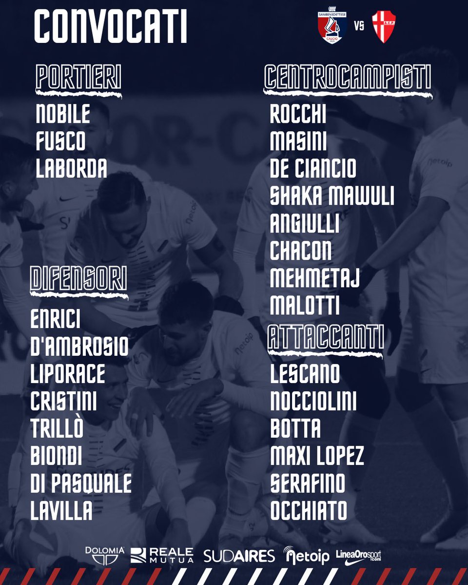 Samb_Calcio's tweet image. Ecco i convocati per la sfida casalinga di domani contro il Padova!
🔴🔵💪 #SamPad #SerieC #legapro