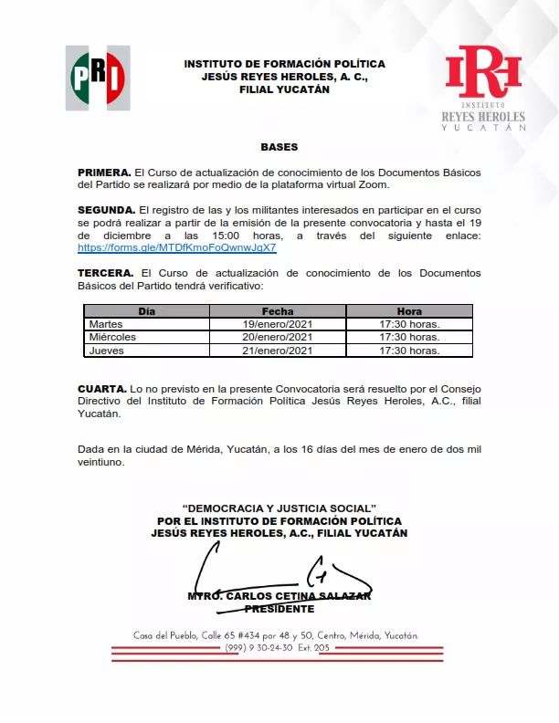IRHYucatan's tweet photo. El @IRHYucatan, convoca a las y los simpatizantes, miembros, militantes, cuadros y dirigentes  del Partido, que deseen  participar en el curso de Documentos Básicos del PRI.
Los días 19, 20 y 21 de enero, a través de la plataforma Zoom.

Registro en: https://t.co/wXYk0nBdEL https://t.co/OjZyDGfOXY