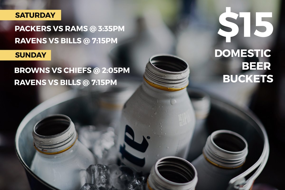 It's a BIG weekend for the NFL Playoffs.

To celebrate, we are doing $15 domestic beer buckets today and tomorrow.

Come watch today @ 3:35pm as the Packers take on the Rams and later tonight @ 7:15pm the Ravens vs Bills.

SOUND ON 
Open at 3pm

 #BeerBuckets #NFL #Playoffs
