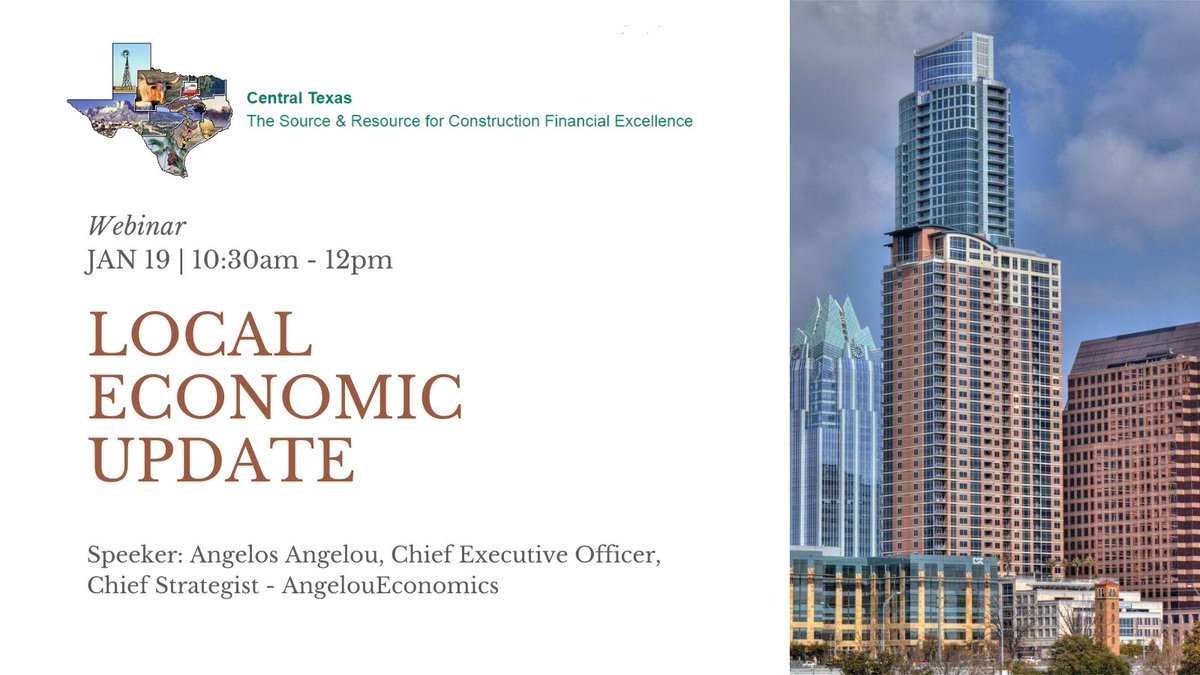 Join us this Tuesday, January 19 at 10:30am for a Local Economic Update webinar presented by our very own, Angelos Angelou
This presentation will review the current economic conditions in the Austin area and the outlook for future strategic planning. 
RSVP tinyurl.com/yye2awub