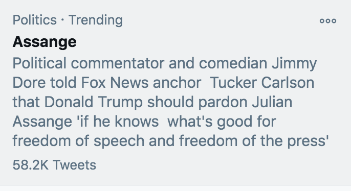 aaronjmate's tweet photo. Jimmy Dore's Tucker Carlson appearance, in which he advocated for a Trump pardon of Julian Assange, is now trending on Twitter. 

Than you to everyone who helped make this happen -- especially those who complained about it. https://t.co/UvjhLmSykM