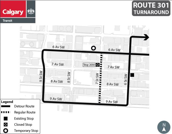 calgarytransit's tweet photo. #CTRiders DETOUR #Route301 On Sunday, January 17, from 6 a.m. until 7 p.m., 7 Street S.W. will be closed to all traffic from 7 Avenue S.W. to 8 Avenue S.W. Stop# 2030 will be temporarily closed. https://t.co/qX5teLwIps https://t.co/Ne8w0h73as
