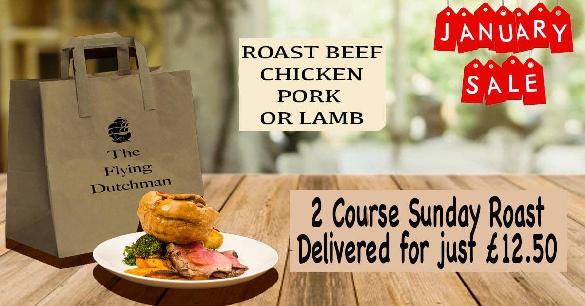 January sales , get a 2 course roast dinner delivered for £12.50 this Sunday from the Flying Dutchman , does anyone still use Twitter ? #lowestoft #Foodie
