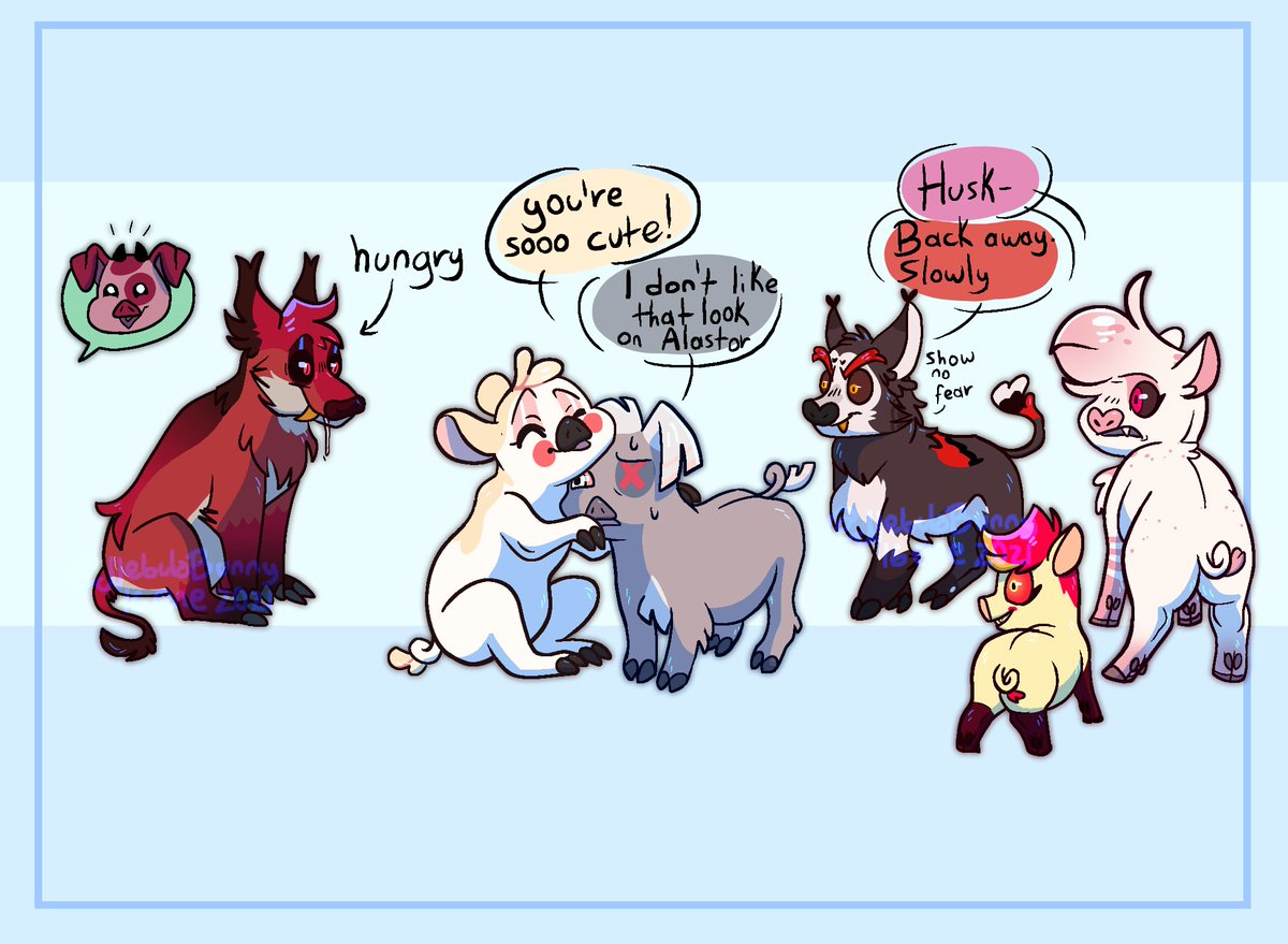 NebulaBunny's tweet photo. Part 5 of the species swaps, #FatNuggets ! I forgot to post this yesterday

#HazbinHotel #HazbinHotelFanart #HazbinHotelAlastor #Alastor #RadioDemon #HazbinHotelCharlie #Charlie #HazbinHotelHusk #Husk #HazbinHotelAngelDust #AngelDust #HazbinHotelNiffty #Niffty #HazbinHotelVaggie https://t.co/hDbDABwX4Z