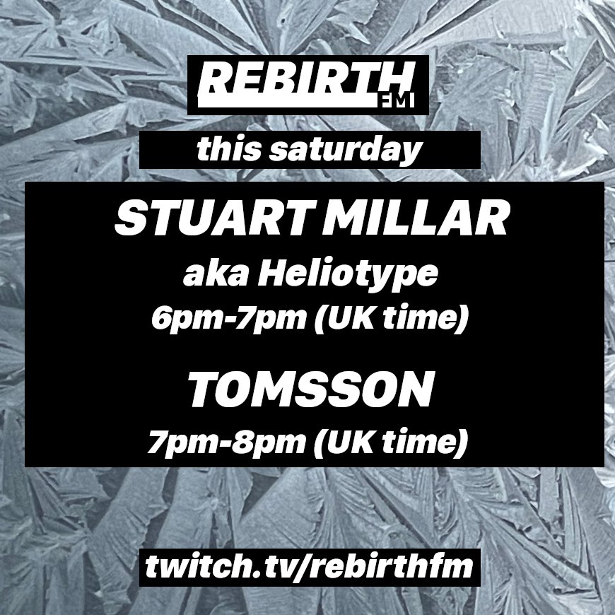 Let’s get you warmed up! Tonight from 6pm GMT <a href="/StuartMillar/">Stuart Millar</a> aka <a href="/HeliotypeLDN/">Heliotype</a> + <a href="/tomssonofficial/">TOMSSON</a> are back supplying the tunes for a cold January on <a href="/rebirth_fm/">rebirthfm</a>

Listen live <a href="/Twitch/">Twitch</a> 
twitch.tv/RebirthFM