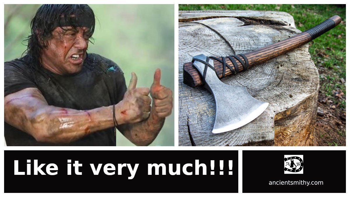AncientSmithy's tweet photo. "Like it very much" - Rambo approves Battle Hand Forged Viking Axe "Centaurus" #rambo #sylvester #stallone #vikingaxe #vikingguy #vikingmen #vikingsfun #handmadeaxe #uniquegifts #giftideas #awesome #Memes #funny #memes2021 https://t.co/84rhNGgDwf