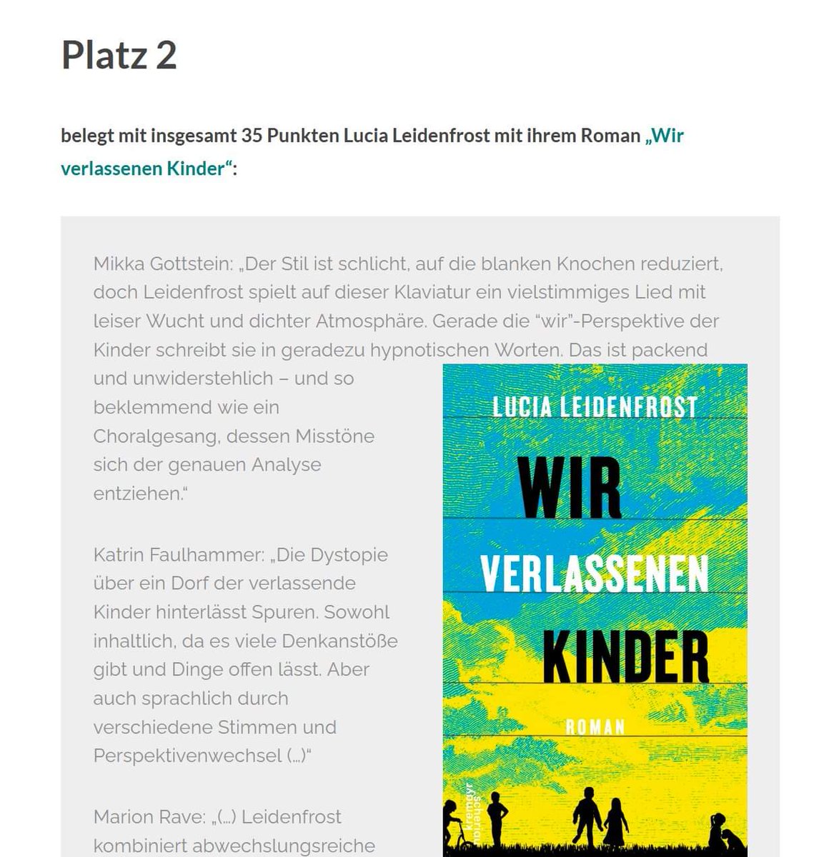 Silber für Lucia Leidenfrost. Das Debüt 2020. (Unter 66 Nominierten)