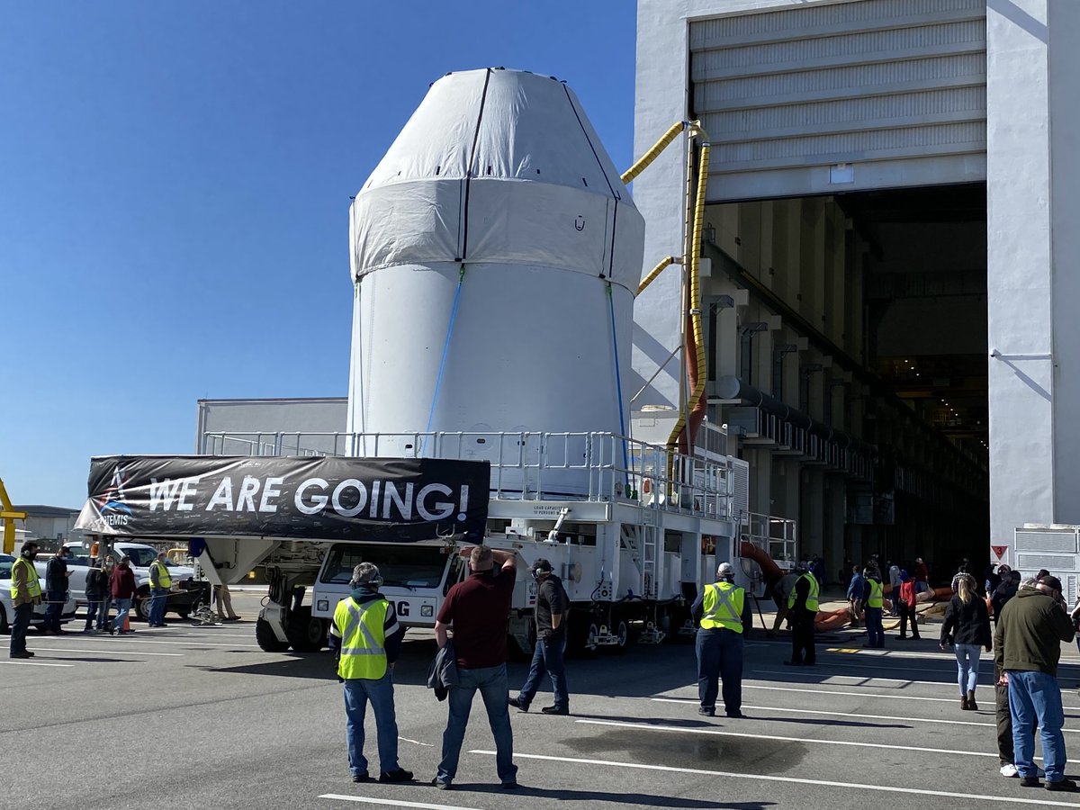 garynapier's tweet photo. Yes folks...”We Are Going!” Here’s the ⁦@NASA_Orion⁩ spacecraft rolling out of the O&amp;C on its way to launch processing here ⁦@NASAKennedy⁩. #Artemis https://t.co/tRYwL24F1d