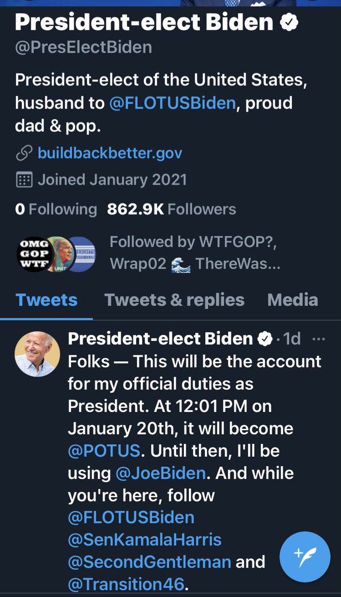 ScoodleSusan's tweet photo. Follow Joe Biden @PresElectBiden  He was made to start at zero, unlike Trump who got 13 million rolled over to him from Obama’s Twitter account! https://t.co/c3JnV0GIrd