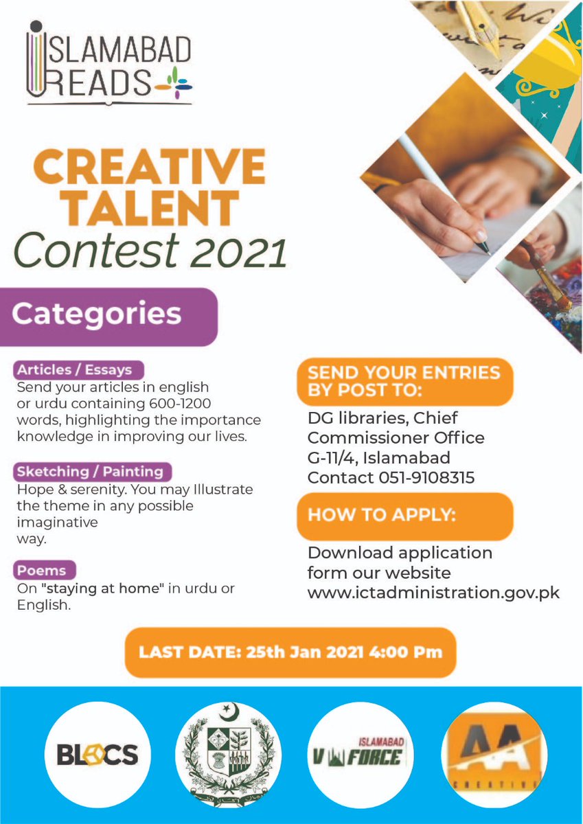 ForumIslamabad's tweet photo. Hurry Up its a time to show your talent.
ICT Department of Libraries initiating a contest CREATIVE TALENT CONTEST 2021 in which you can show your talent to the world.Closing Date: 25th Jan,4 PM.
#IslamabadReads #CreativeTalentContest2021
@ShafaqHashmiPAS @ICTA_GoP @hamzashafqaat https://t.co/v3hC8E2QLP