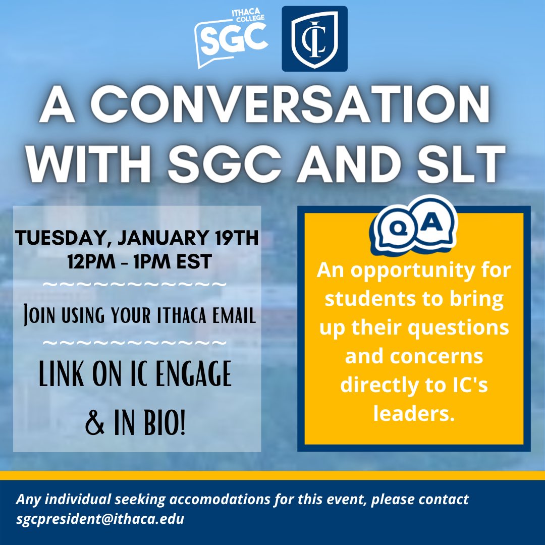 ic_sgc's tweet photo. A casual and open conversation hosted by SGC and SLT. An opportunity for students to ask questions about the Academic Prioritization Process directly to IC's leaders. You may submit questions &amp; accommodations ahead of time by sending them to sgcpresident@ithaca.edu https://t.co/CpPDp7Qv7y