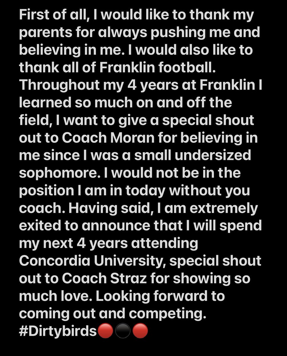 Excited  to announce my COMMITMENT #Dirtybird 🔴⚫️ <a href="/FranklinFootbal/">Franklin Football</a> <a href="/CoachMoran31/">Aaron Moran</a> <a href="/Coach_Straz/">Coach Straz</a> <a href="/CoachSchu44/">Joshua Schumacher</a>