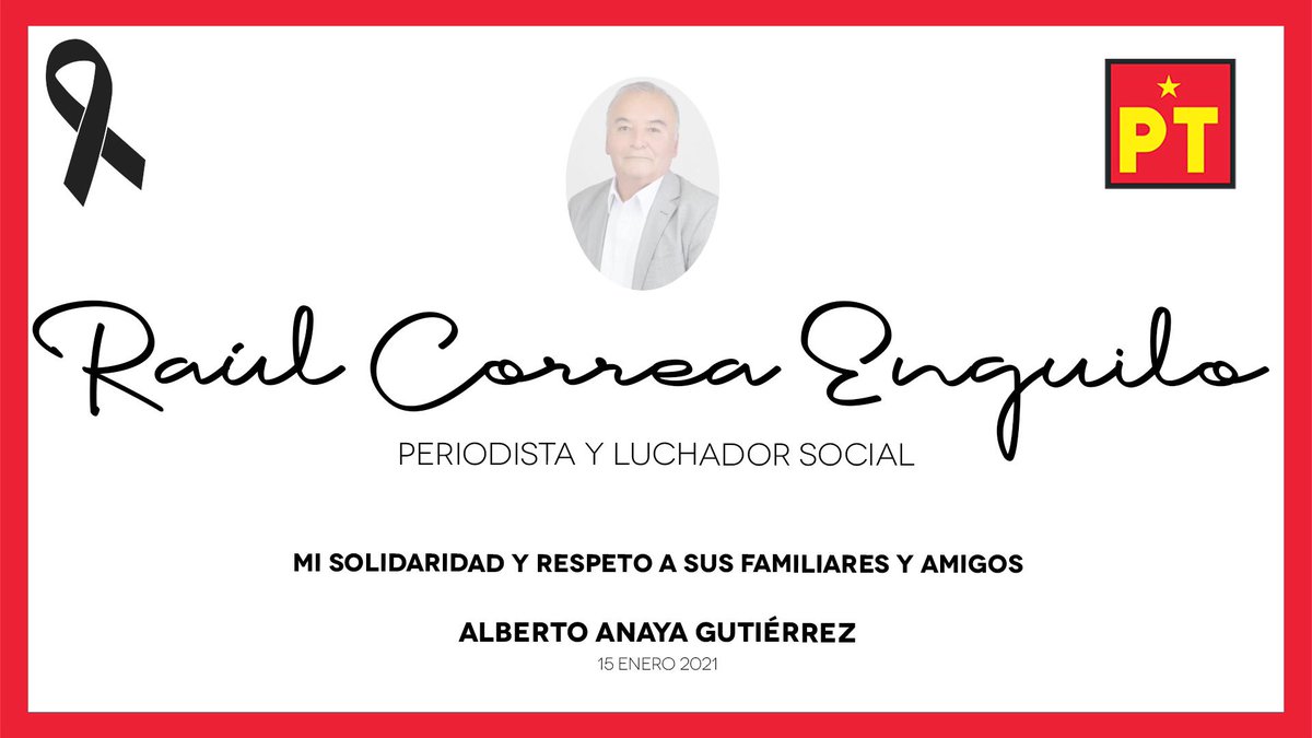 Lamento el sensible fallecimiento de Raúl Correa, gran ser humano y periodista. Hombre generoso y compañero de gran trayectoria en la lucha social.

Envío un abrazo fraternal q sus familiares y amigos🕊