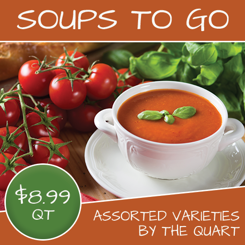 Soups to go of assorted varieties. Only $8.99qt!  #soup #fresh #georges #meals2go #mealstogo #georgesmarket