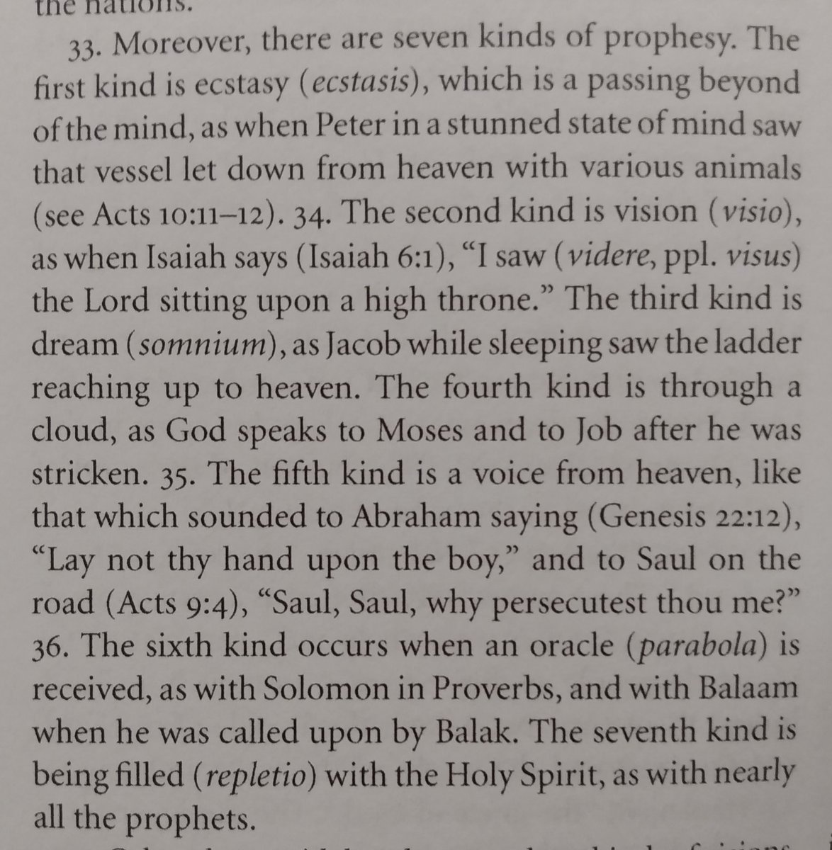 7 varieties of prophecy: ecstasy, vision, dream, cloud, voice, oracle, inspiration3 varieties of vision: bodily senses, imagination, insight