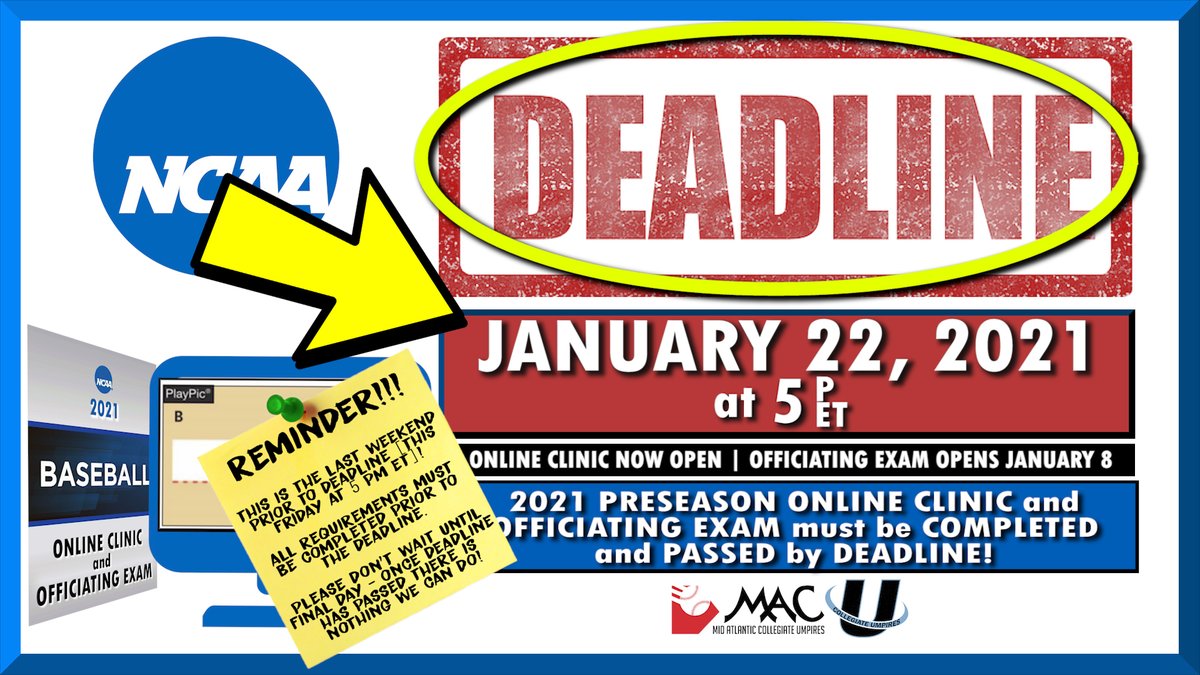 REMINDER: Attention UCU/<a href="/MidAtlanticUmps/">Mid-Atlantic Umpires</a> Umpires | #NCAA requirements deadline for online clinic/test is fast approaching - it's this Friday! Taking care of biz off field is emphasized by our coordinators, <a href="/ChrisUCU/">Chris Marshall</a>, and <a href="/AlexUnitedUmps/">Alex Skandalis</a>! #BeABetterUmpire #UmpiresAdvanceUnited